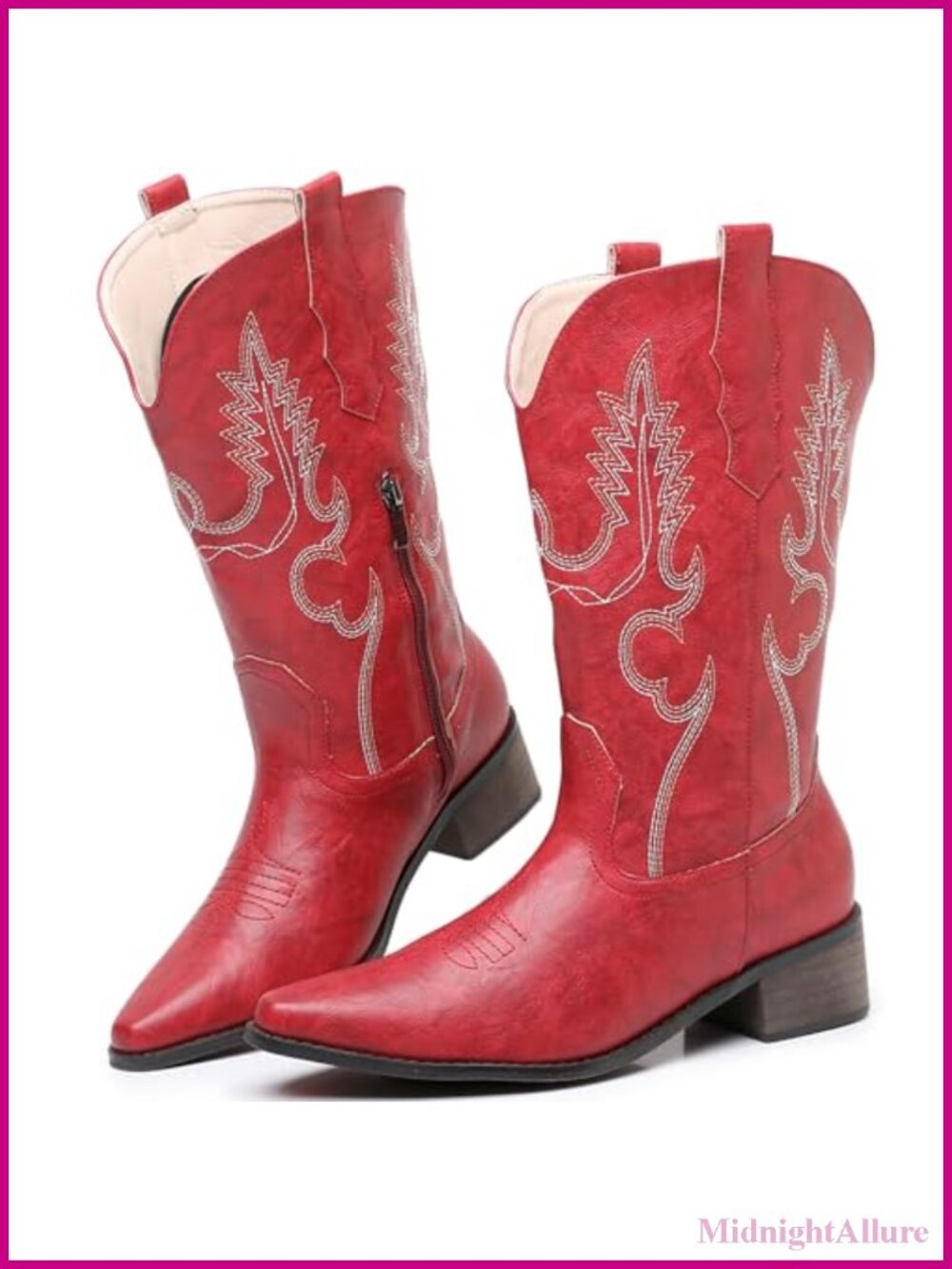 Embroidered Cowboy Boots Mid Calf Chunky Heel Pointed Toe Pull On